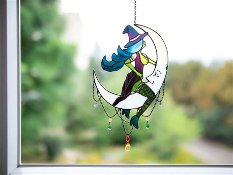 The Enchanting Colors of Witch Riding Moon Stained Glass Windows